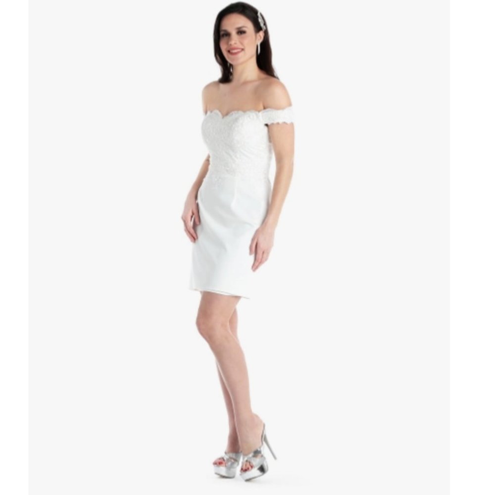 Lace Off the shoulder mini Bodycon dress Ivory & Emerald